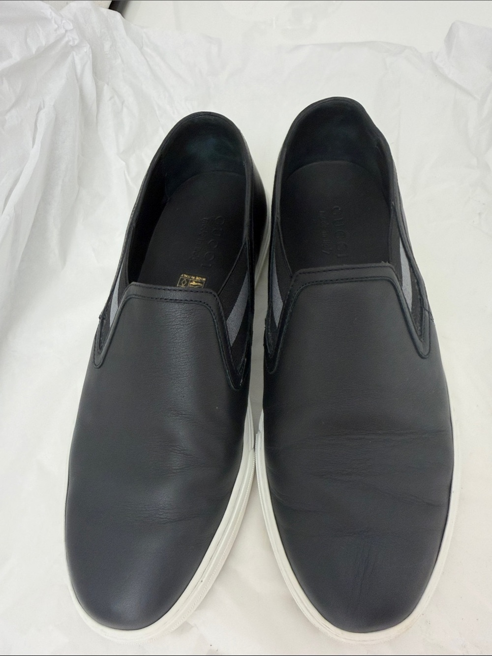 Gucci Black Leather Slip-On Sneakers with White Sole